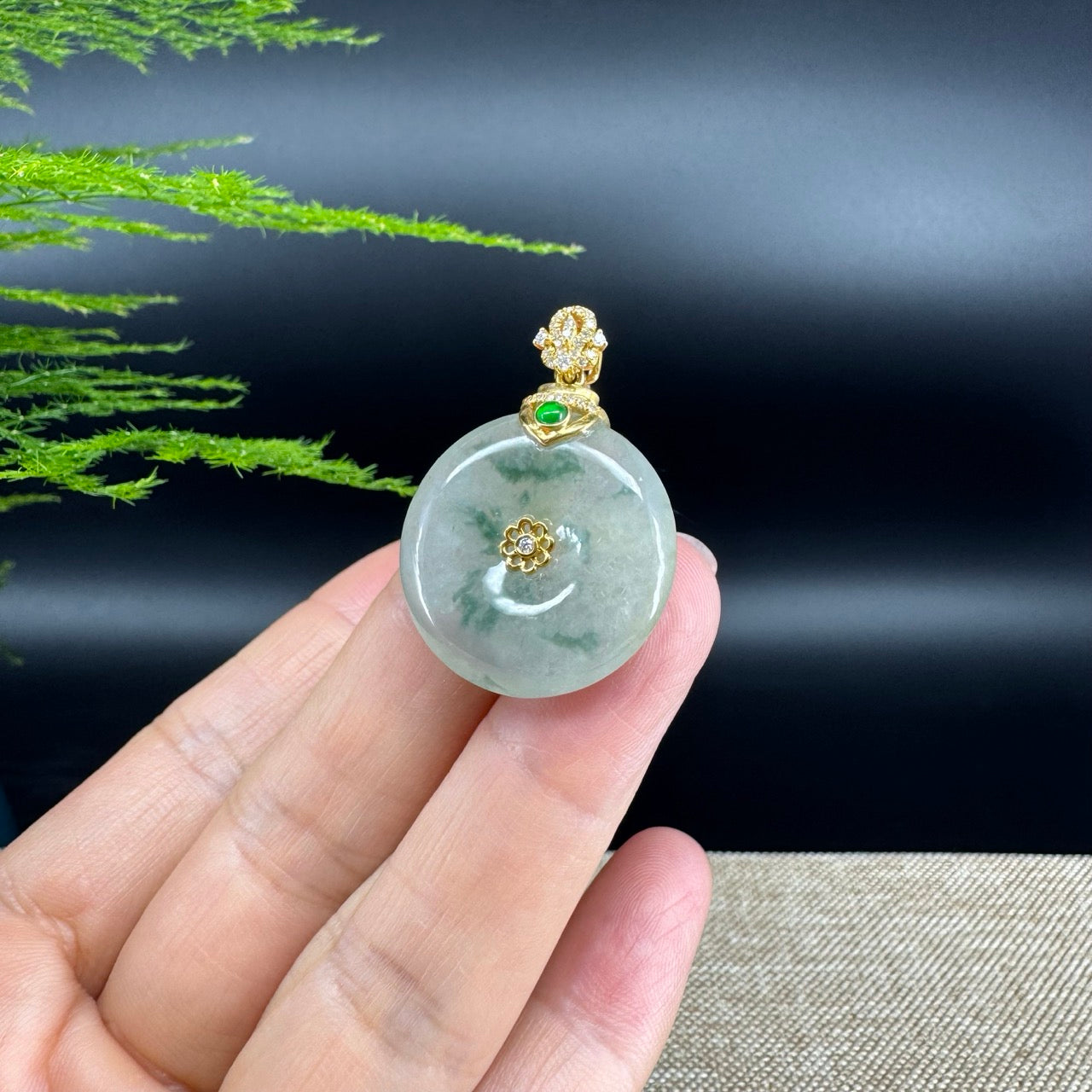 "Good Luck Button" icy Green Jadeite Jade Lucky KouKou Pendant With 18K Yellow Gold Bail