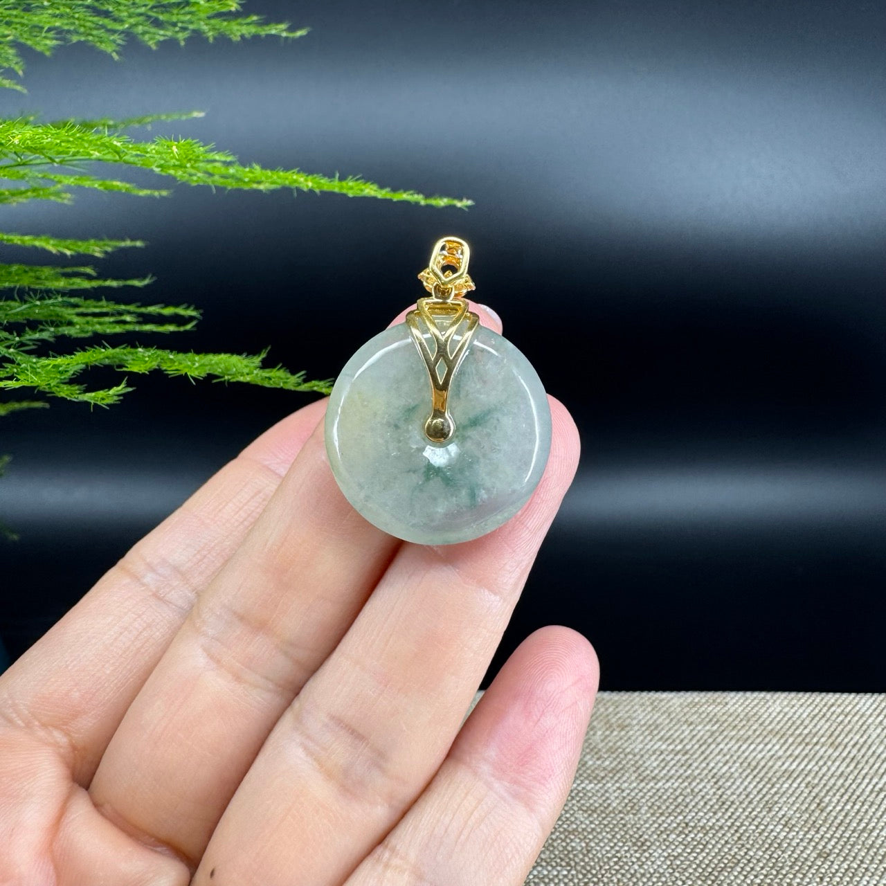 "Good Luck Button" icy Green Jadeite Jade Lucky KouKou Pendant With 18K Yellow Gold Bail