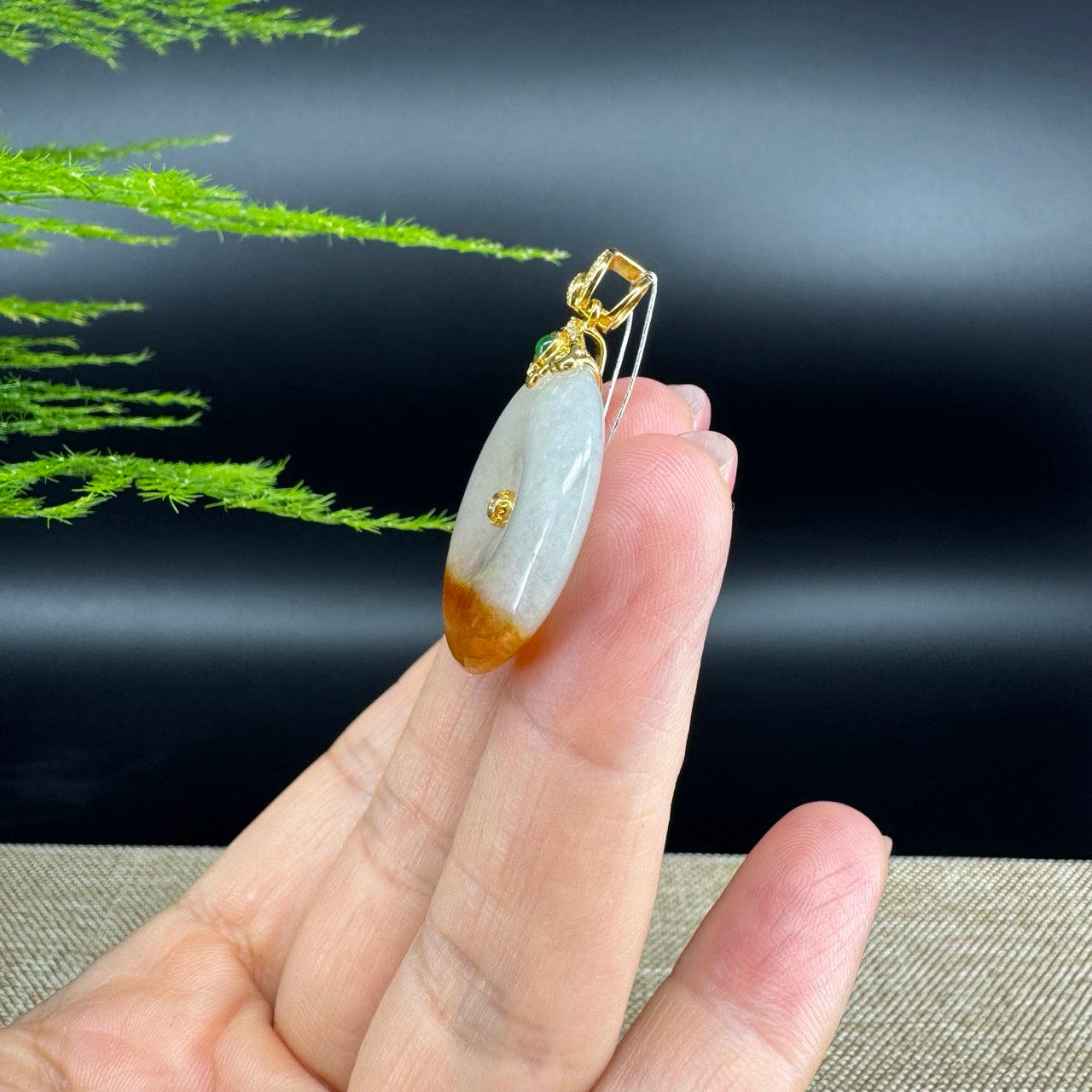 "Good Luck Button" Yellow Jadeite Jade Lucky KouKou Pendant With 18K Yellow Gold Bail