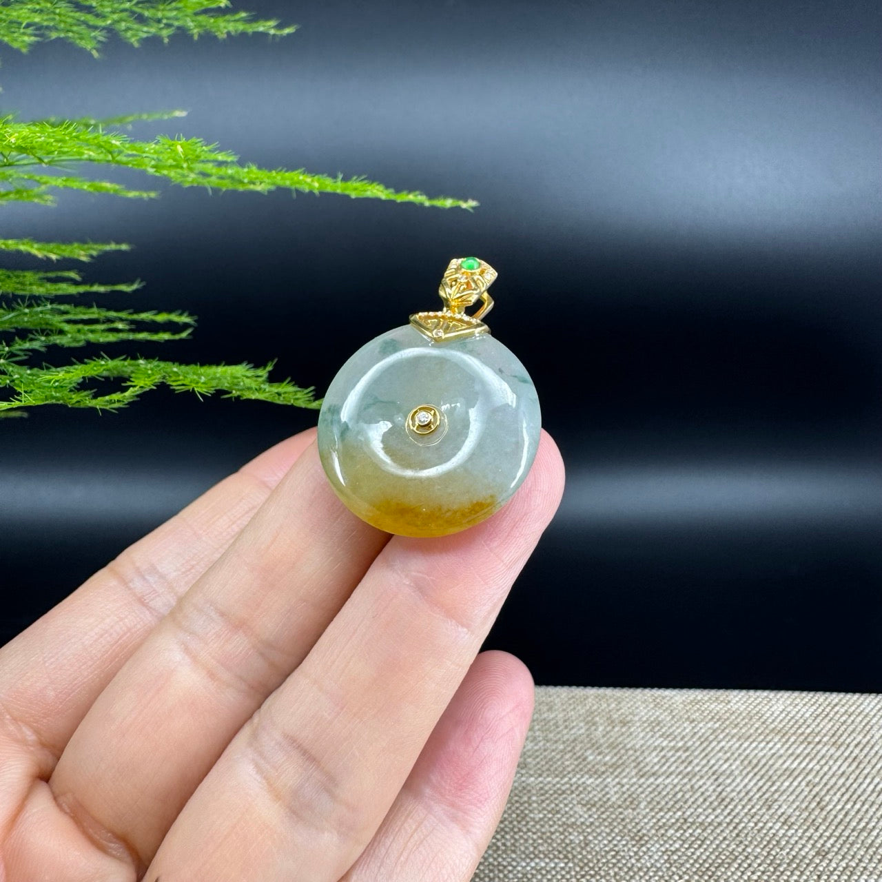 "Good Luck Button"Icy Yellow Green Jadeite Jade Lucky KouKou Pendant With 18K Yellow Gold Bail