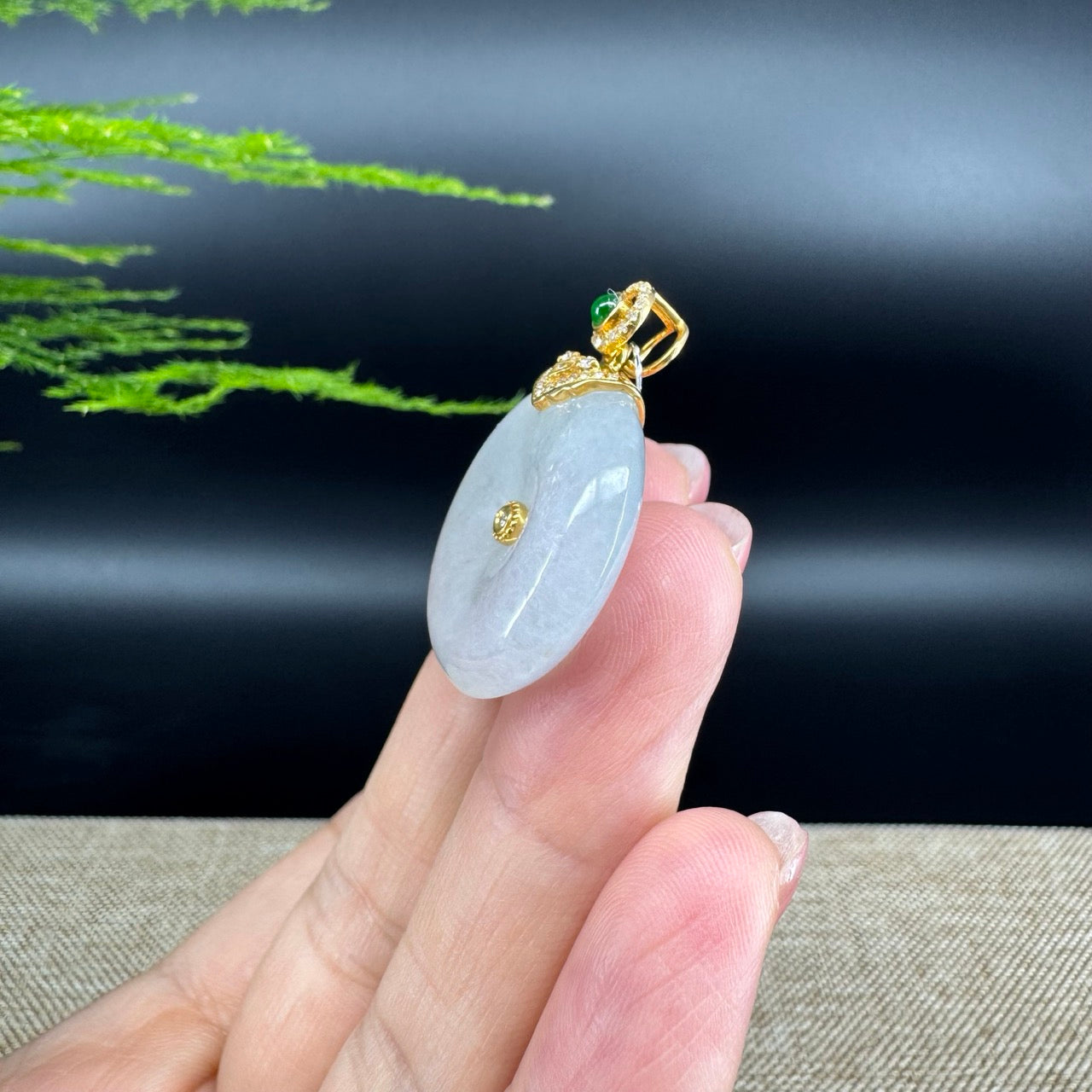 "Good Luck Button"Icy Jadeite Jade Lucky KouKou Pendant With 18K Yellow Gold Bail