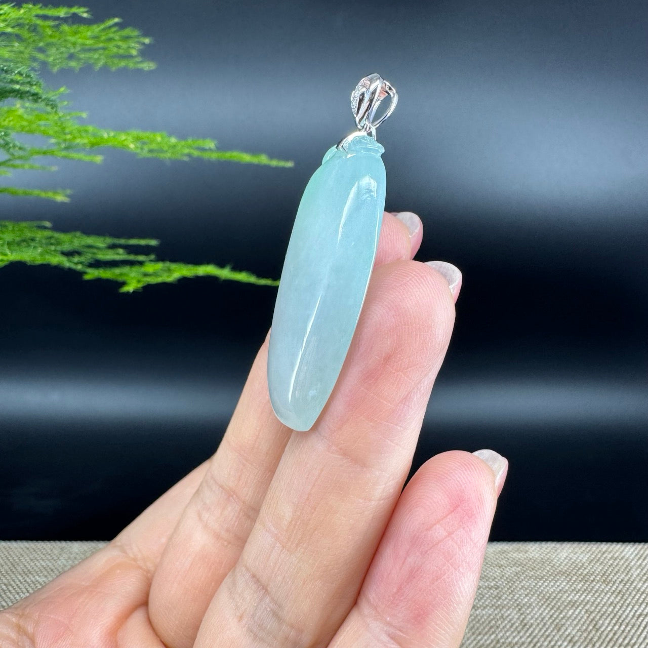 "Good Luck Button" Icy Green Jadeite Jade Shou Tao Pendant With 18K White Gold Bail