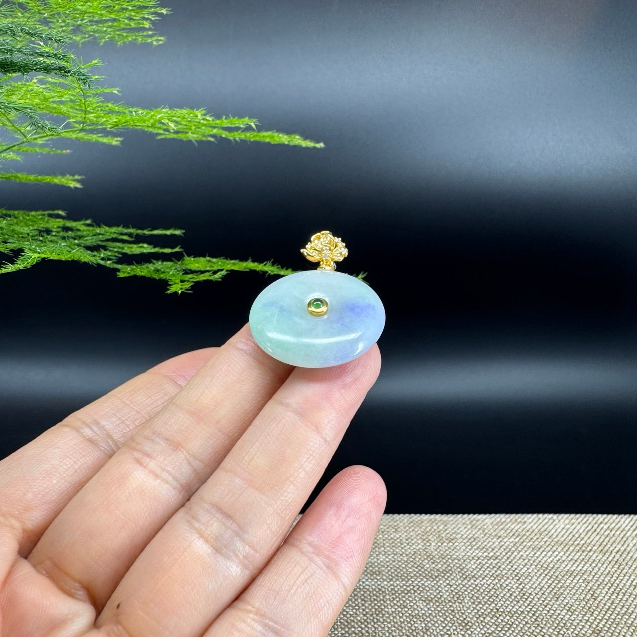 "Good Luck Button"Lavender Green Jadeite Jade Lucky KouKou Pendant With 18K Yellow Gold Bail