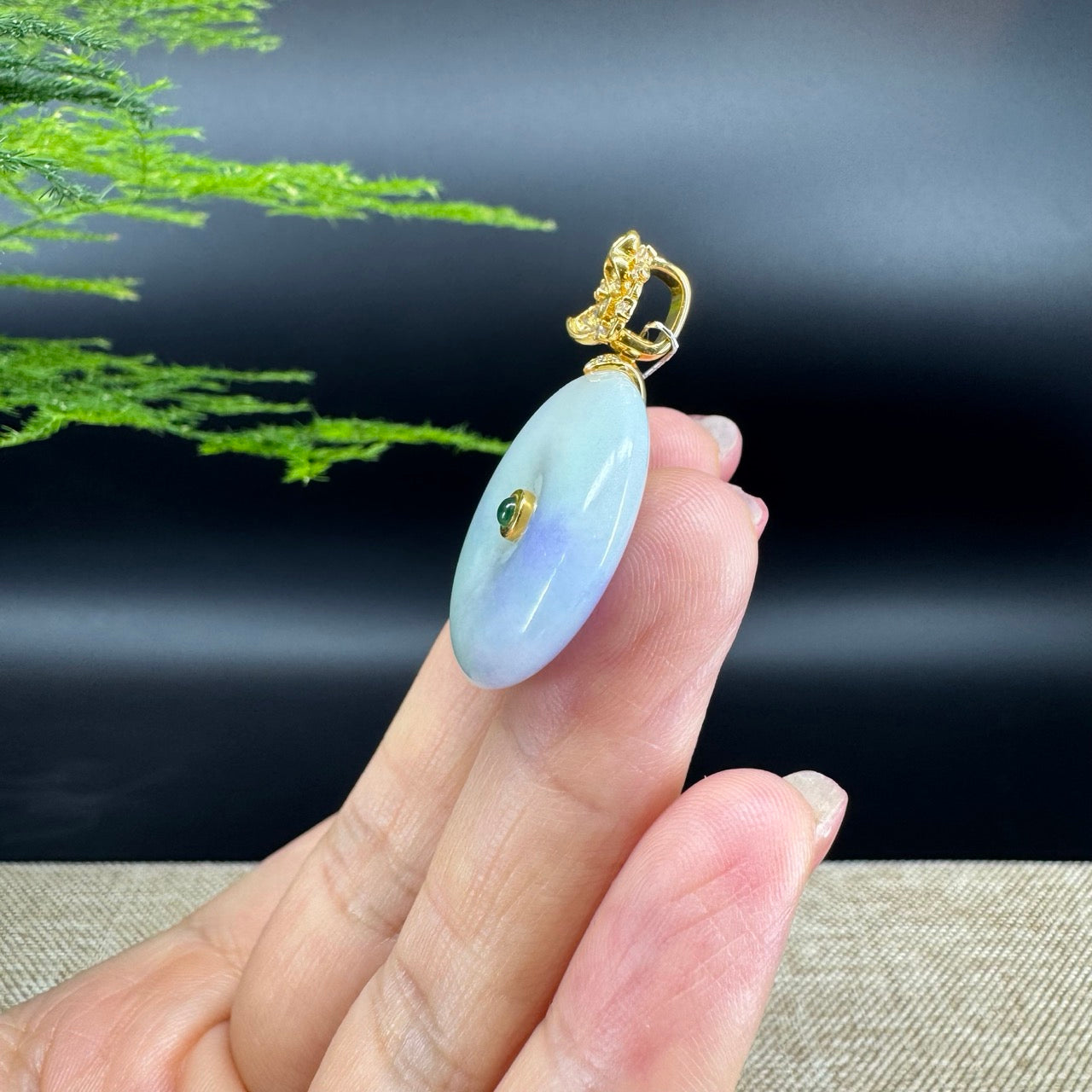 "Good Luck Button"Lavender Green Jadeite Jade Lucky KouKou Pendant With 18K Yellow Gold Bail