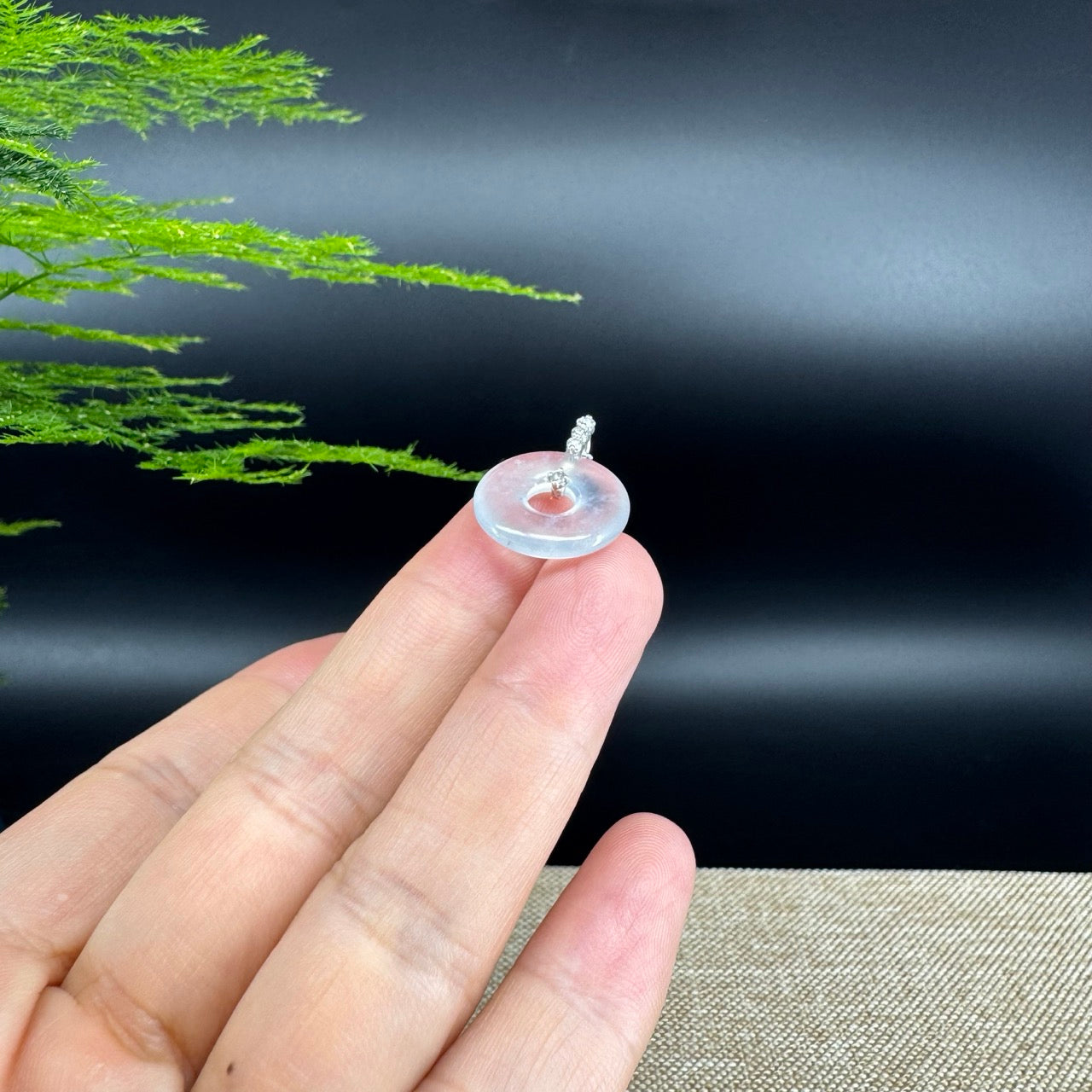 "Good Luck Button" Icy Jadeite Jade Lucky KouKou Pendant With 18K White Gold Bail