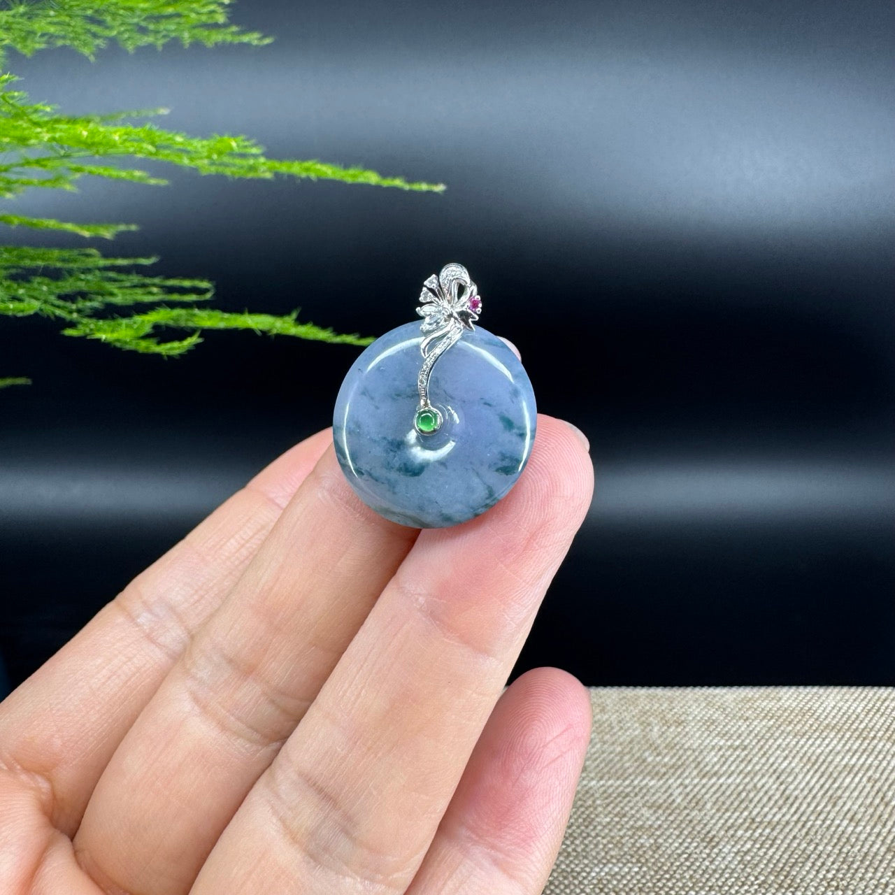 "Good Luck Button" Blue Lavender Jadeite Jade Lucky KouKou Pendant With 18K White Gold Bail