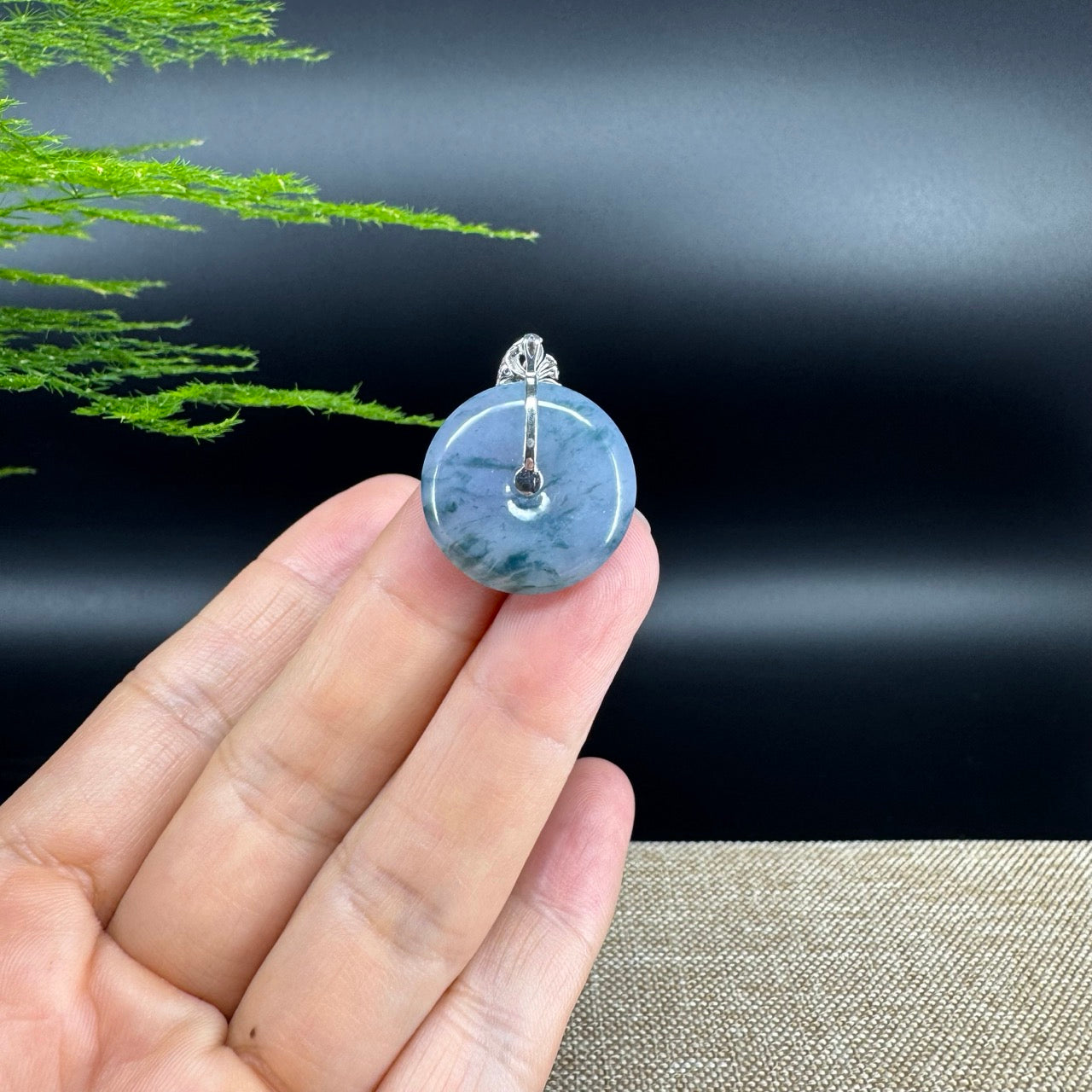 "Good Luck Button" Blue Lavender Jadeite Jade Lucky KouKou Pendant With 18K White Gold Bail