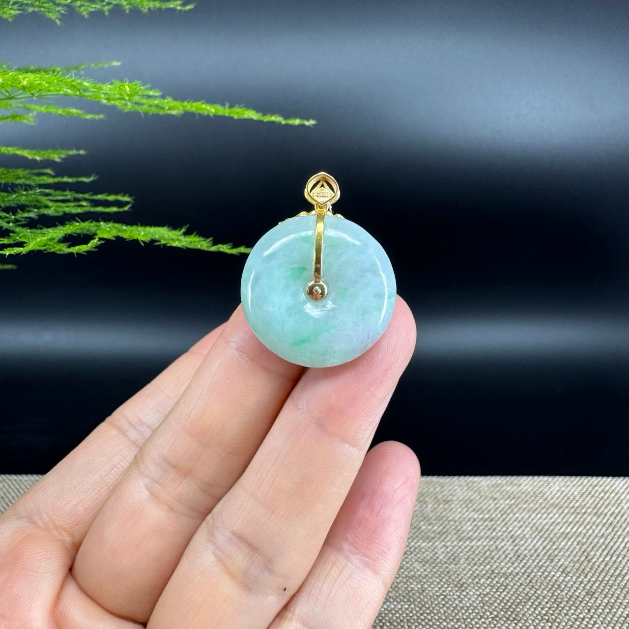 "Good Luck Button" Green Jadeite Jade Lucky KouKou Pendant With 18K Yellow Gold Diamond Bail