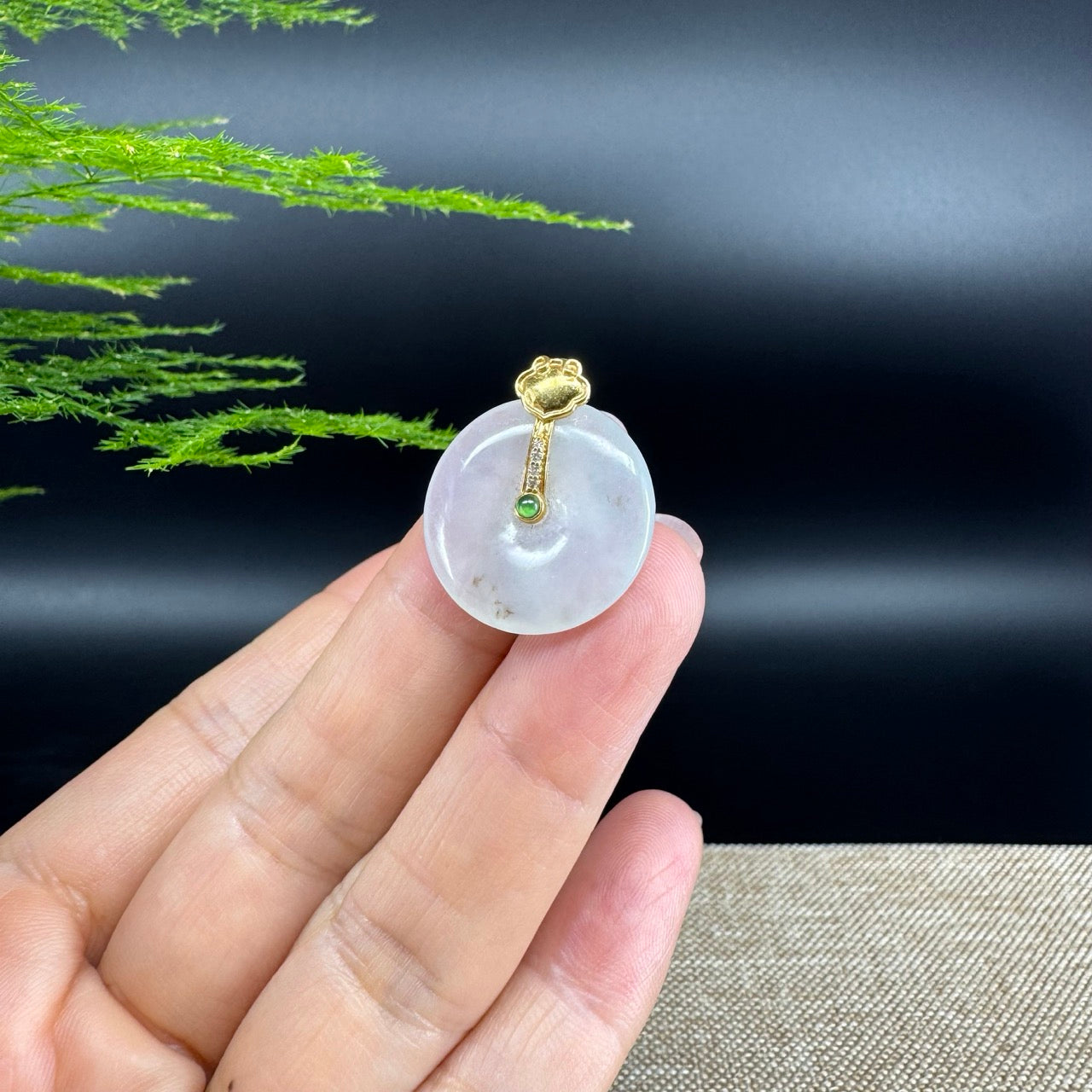 "Good Luck Button" Icy Jadeite Jade Lucky KouKou Pendant With 18K Yellow Gold Bail