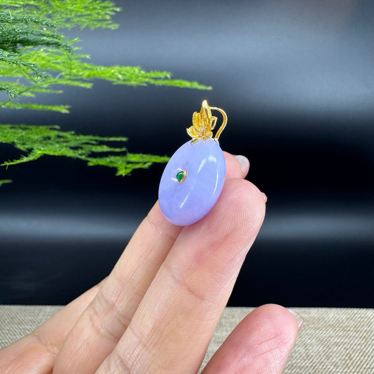 "Good Luck Button"Lavender Jadeite Jade Lucky KouKou Pendant With 18K Yellow Gold Bail