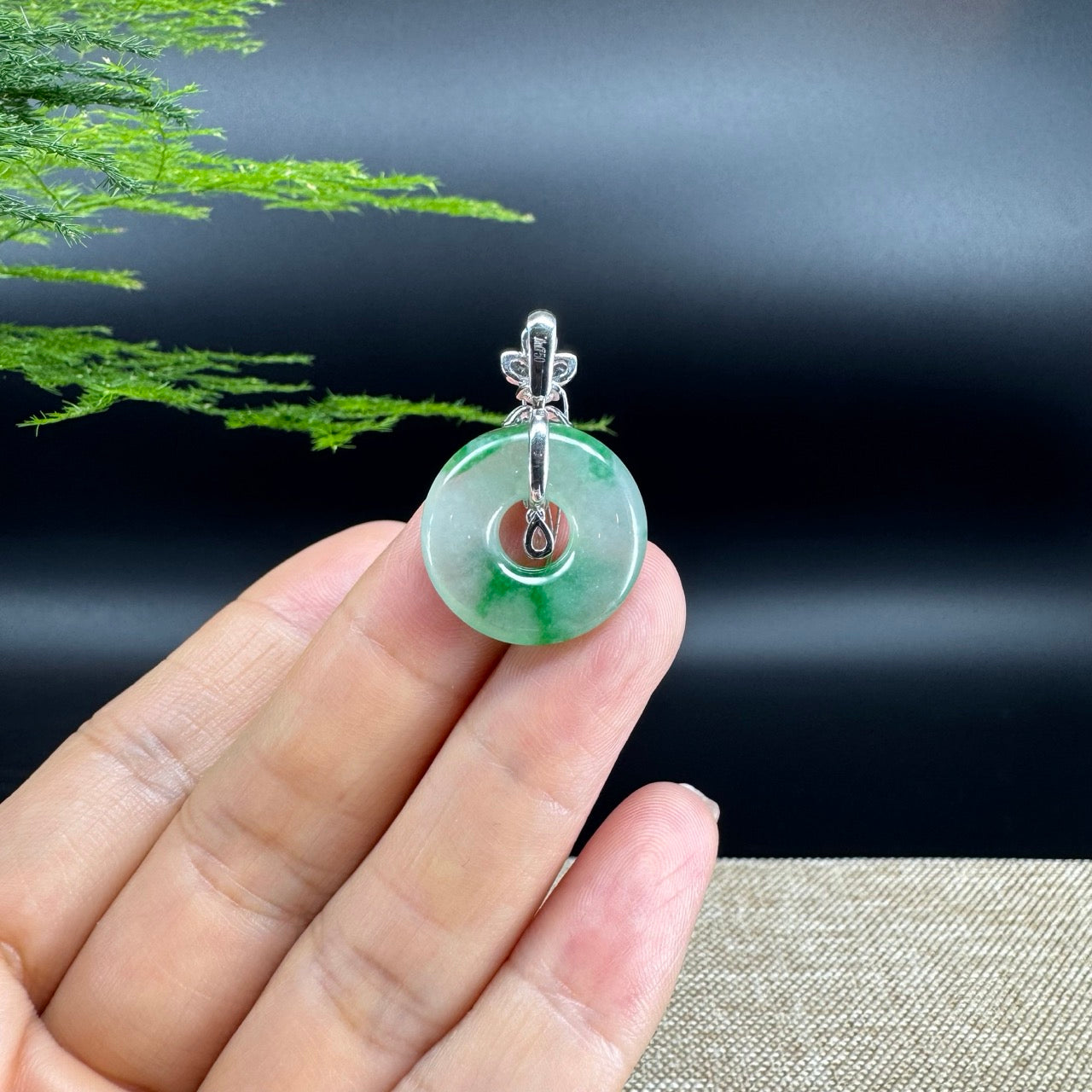 "Good Luck Button" Icy Green Jadeite Jade Lucky KouKou Pendant With 18K White Gold Diamond Bail