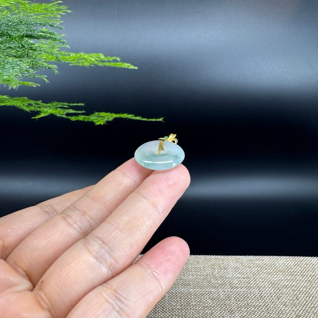 "Good Luck Button"Icy Green Jadeite Jade Lucky KouKou Pendant With 18K Yellow Gold Bail