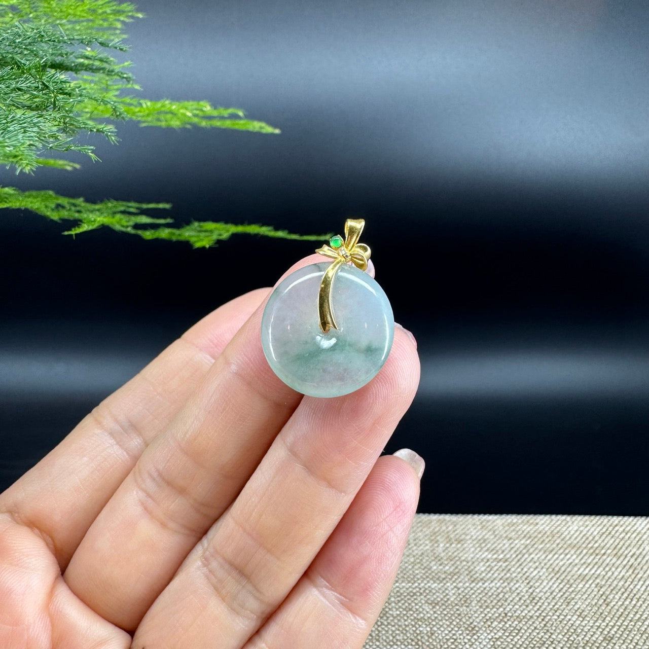 "Good Luck Button"Icy Green Jadeite Jade Lucky KouKou Pendant With 18K Yellow Gold Bail