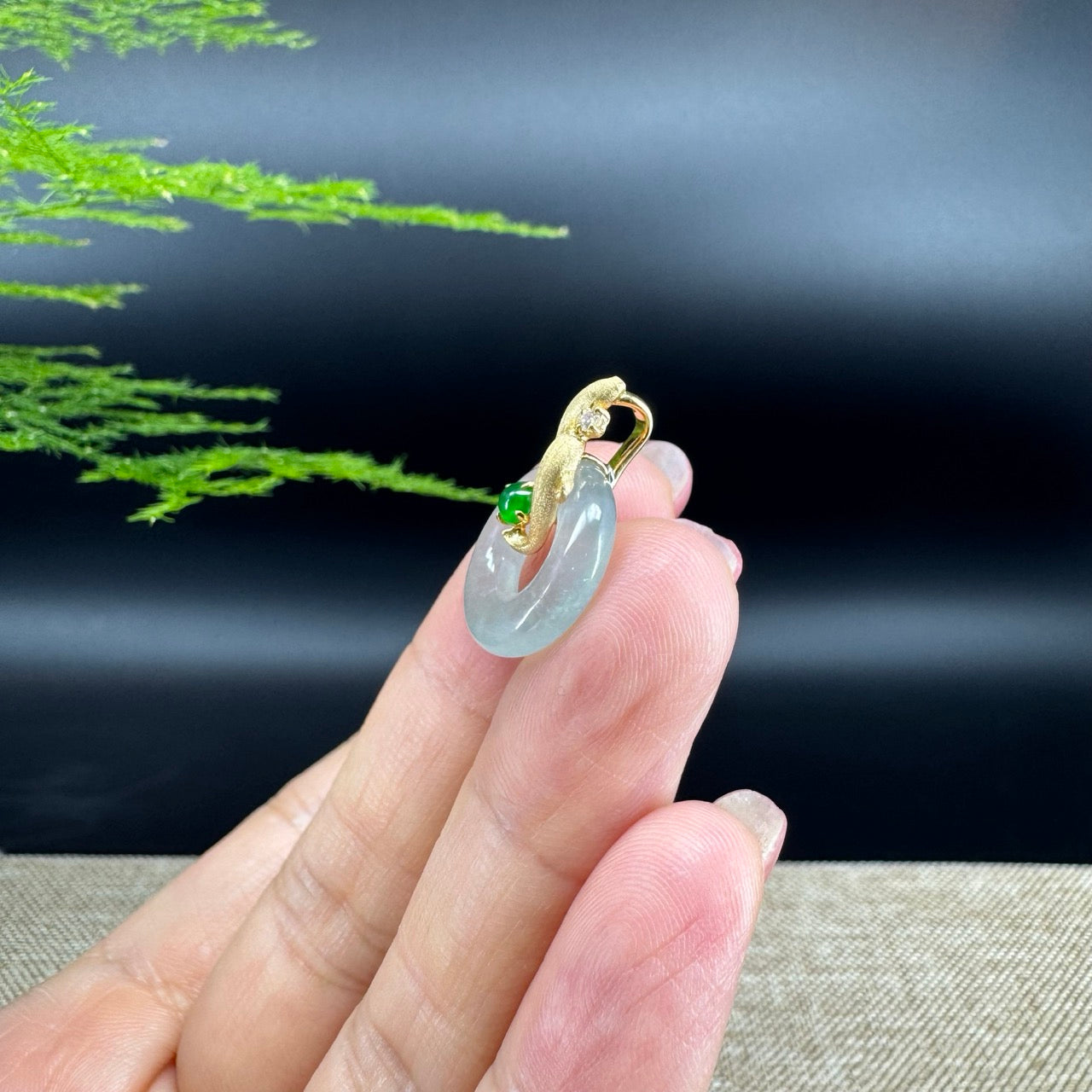 "Good Luck Button"Icy Jadeite Jade Lucky KouKou Pendant With 18K Yellow Gold Diamonds Bail