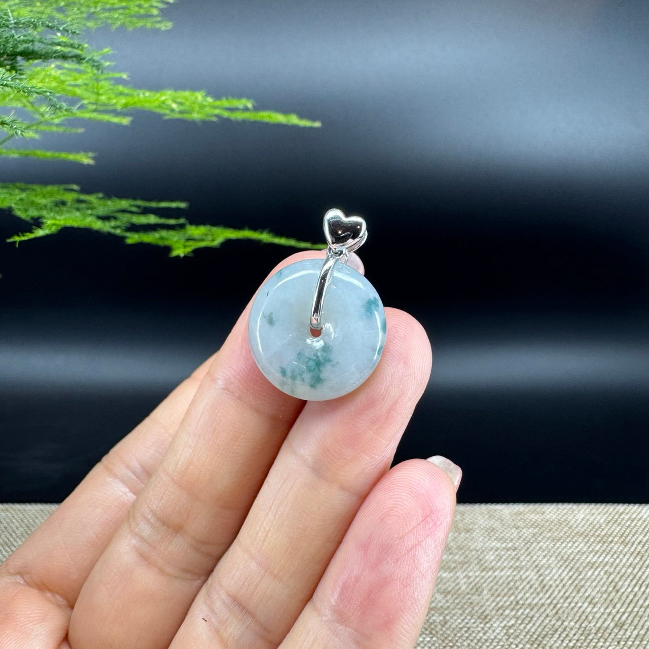"Good Luck Button"Icy Blue Green Jadeite Jade Lucky KouKou Pendant With 18K White Gold Bail