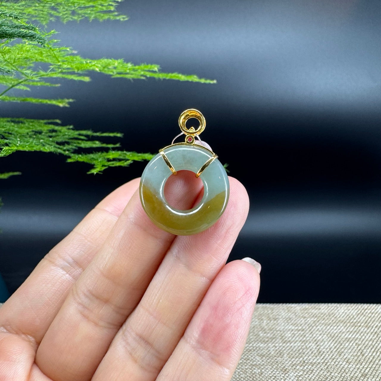 "Good Luck Button" Yellow Green Jadeite Jade Lucky KouKou Pendant With 18K Yellow Gold Diamonds Bail