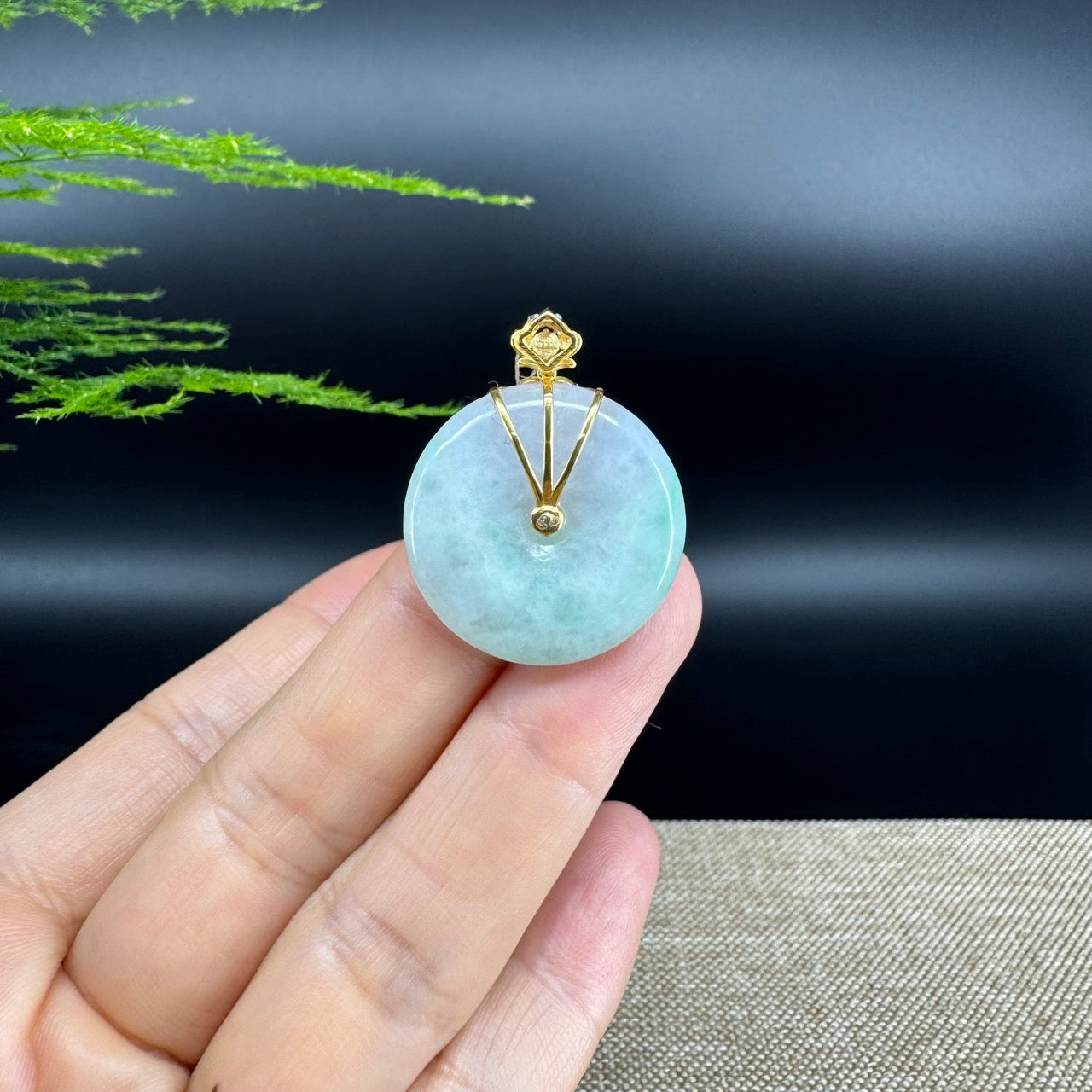 "Good Luck Button" Green Jadeite Jade Lucky KouKou Pendant With 18K Yellow Gold Diamond Bail