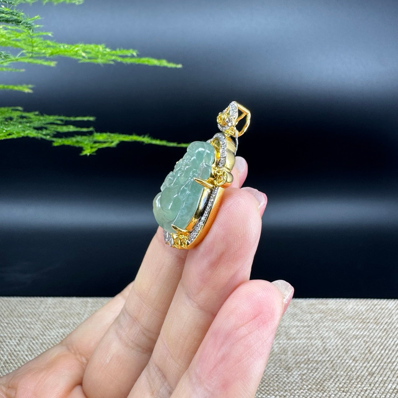 High end RealJade® "Money Saint" 18k Yellow Gold Genuine Green Jadeite Jade Pendant