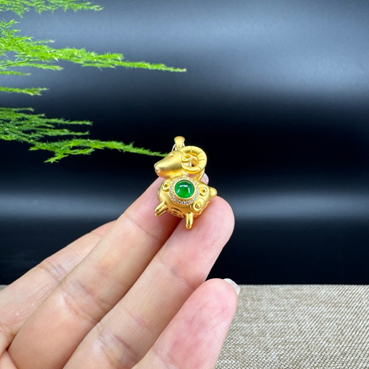 RealJade®  12 Zodiac: 18k Yellow Gold Sheep Pendant Necklace with Green Imperial Jade & Diamonds