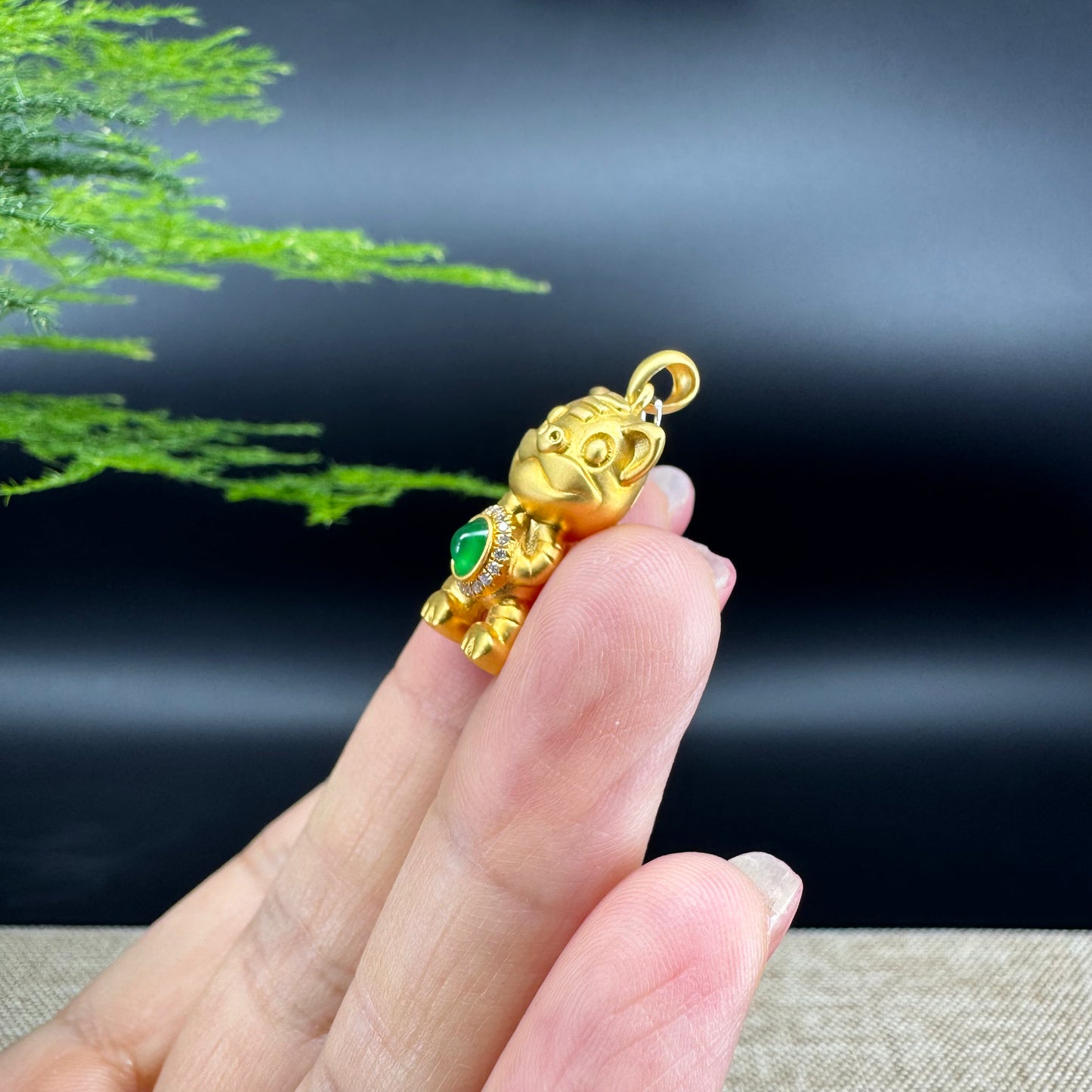 RealJade®  12 Zodiac: 18k Yellow Gold Tiger Pendant Necklace with Green Imperial Jade & Diamonds