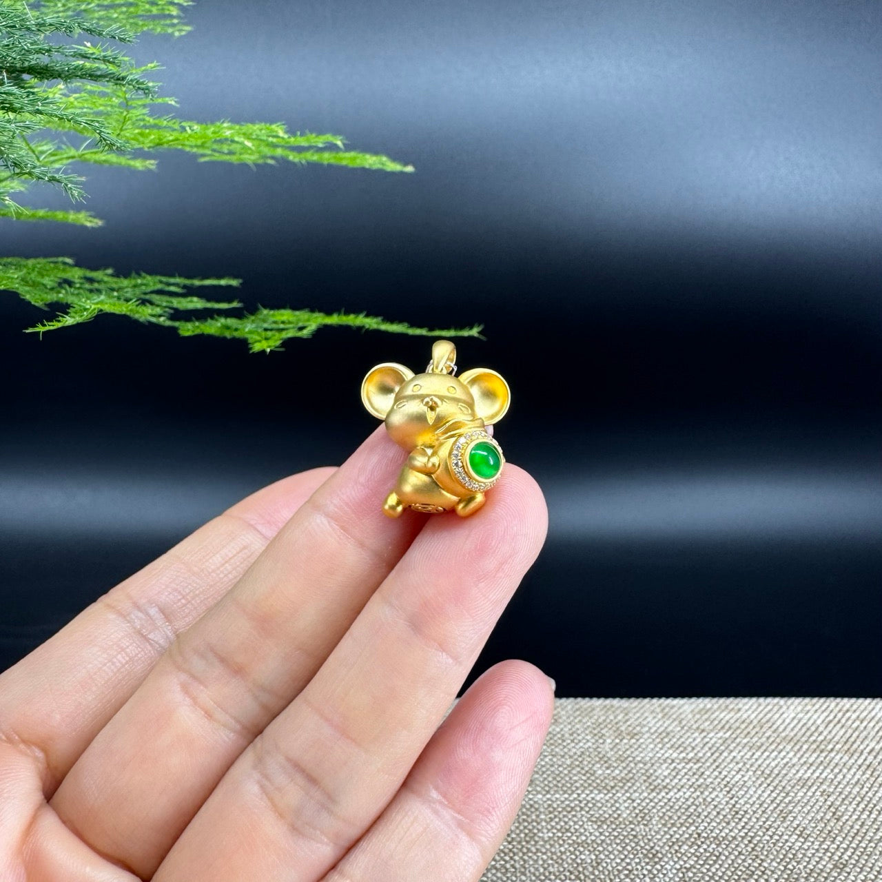 RealJade®  12 Zodiac: 18k Yellow Gold Rat Pendant Necklace with Green Imperial Jade & Diamonds