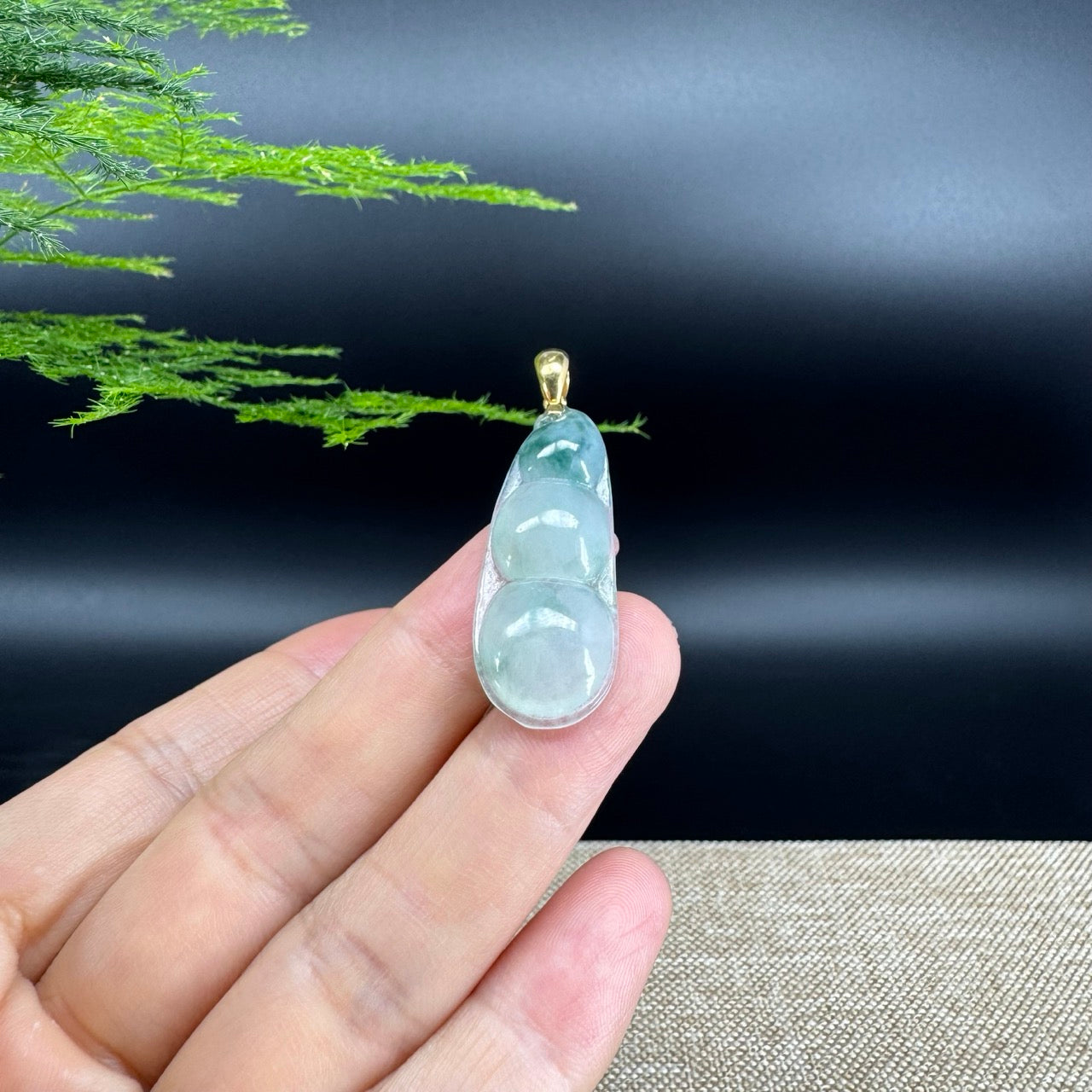 RealJade® Co. Genuine Ice Green Jadeite Jade Bean Necklace With 18K Yellow Gold Bail