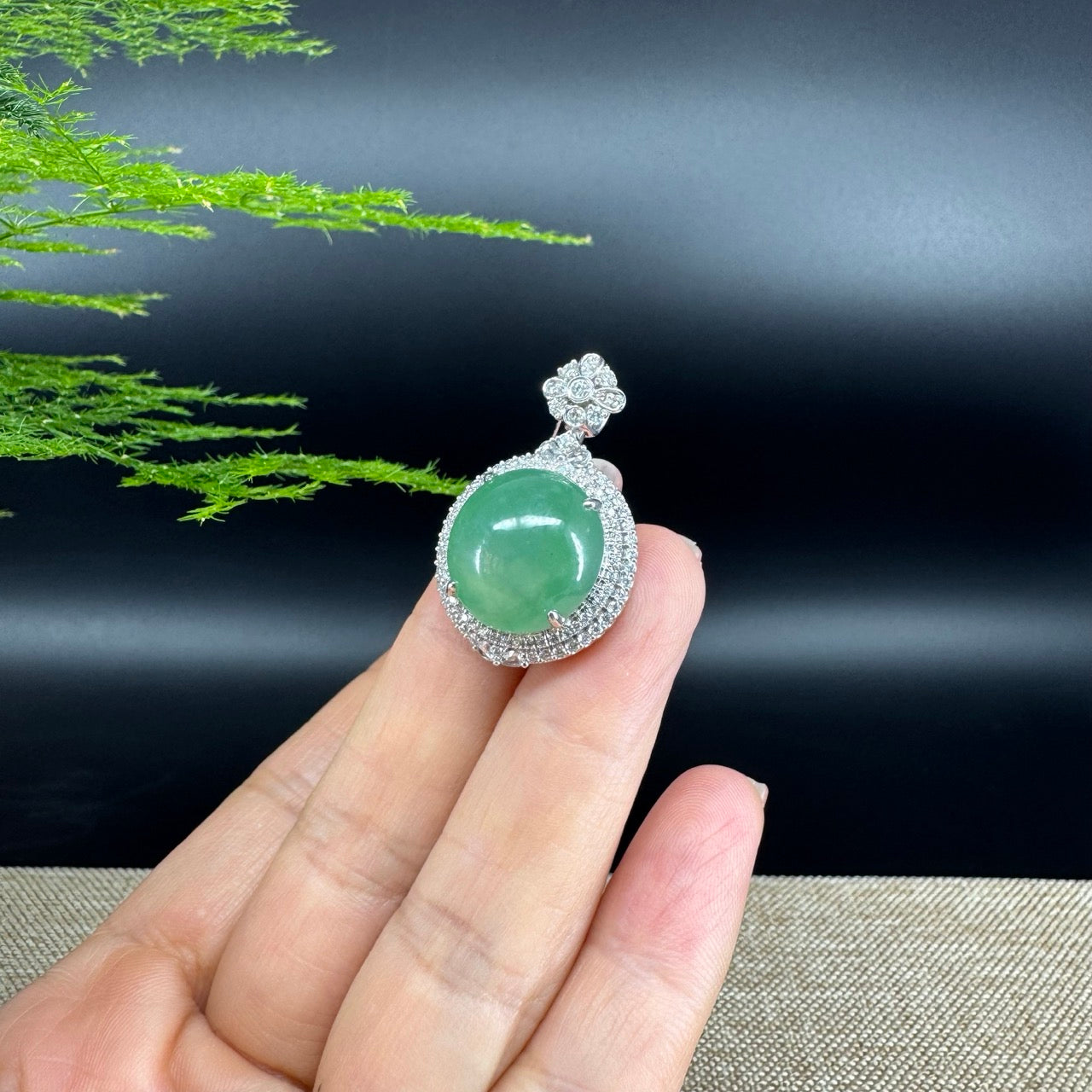 18K White Gold Imperial Jadeite Jade Cabochon Necklace with Diamonds