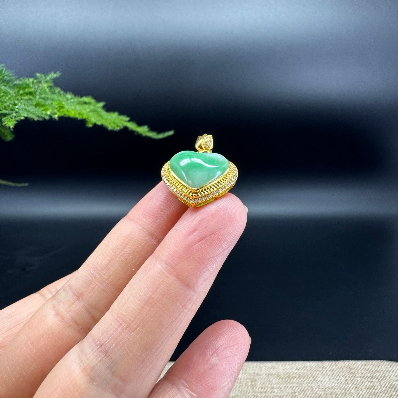 RealJade® Co. 18K Yellow Gold Genuine Burmese Icy Green Jadeite Heart Pendant with Diamonds