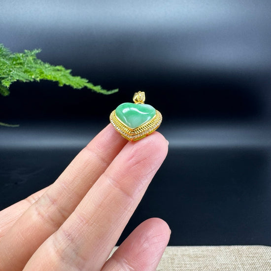 RealJade® Co. 18K Yellow Gold Genuine Burmese Icy Green Jadeite Heart Pendant with Diamonds