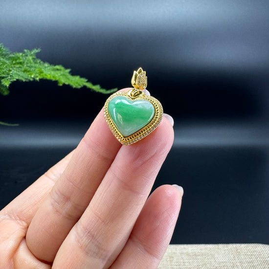 RealJade® Co. 18K Yellow Gold Genuine Burmese Icy Green Jadeite Heart Pendant with Diamonds