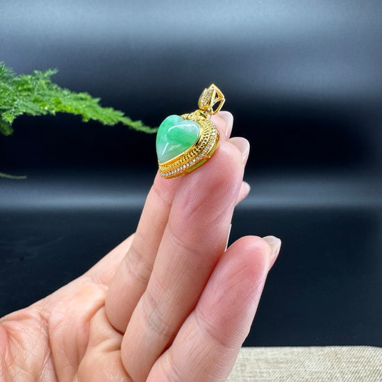 RealJade® Co. 18K Yellow Gold Genuine Burmese Icy Green Jadeite Heart Pendant with Diamonds