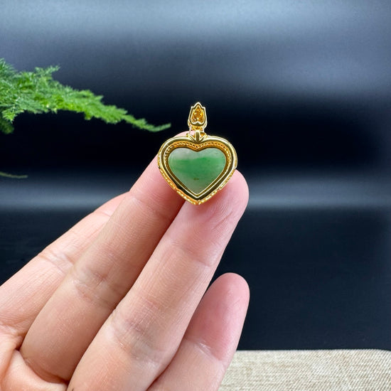 RealJade® Co. 18K Yellow Gold Genuine Burmese Icy Green Jadeite Heart Pendant with Diamonds