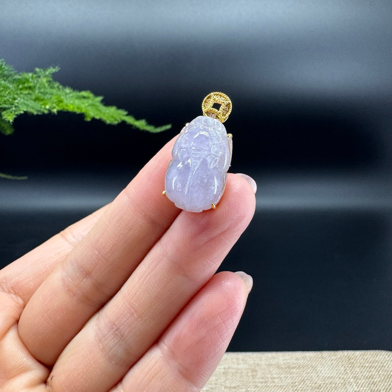 RealJade® Co. 18K Yellow Gold Genuine Icy Lavender Jadeite Jade PiXiu Pendant