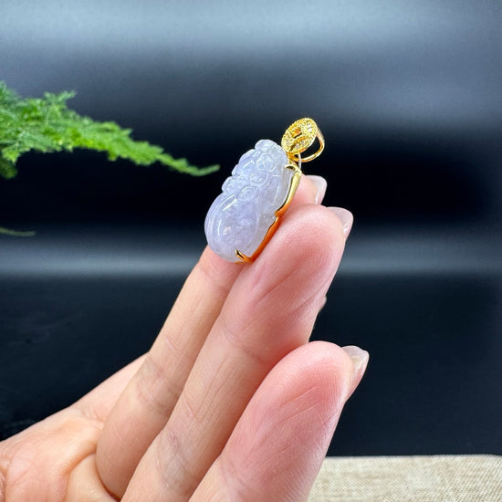 RealJade® Co. 18K Yellow Gold Genuine Icy Lavender Jadeite Jade PiXiu Pendant
