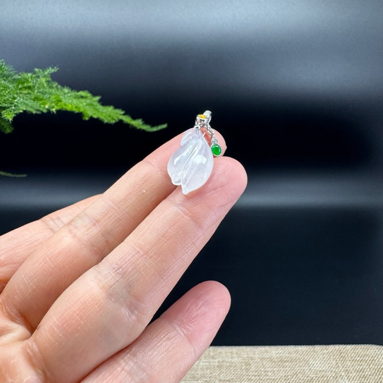 Natural 18K White Gold Burmese Icy Jadeite Jade Magnolia Flower Pendant With Diamonds