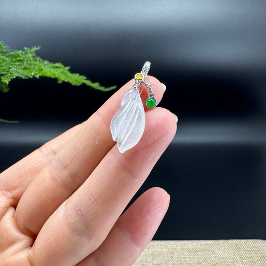 Natural 18K White Gold Burmese Icy Jadeite Jade Magnolia Flower Pendant With Diamonds