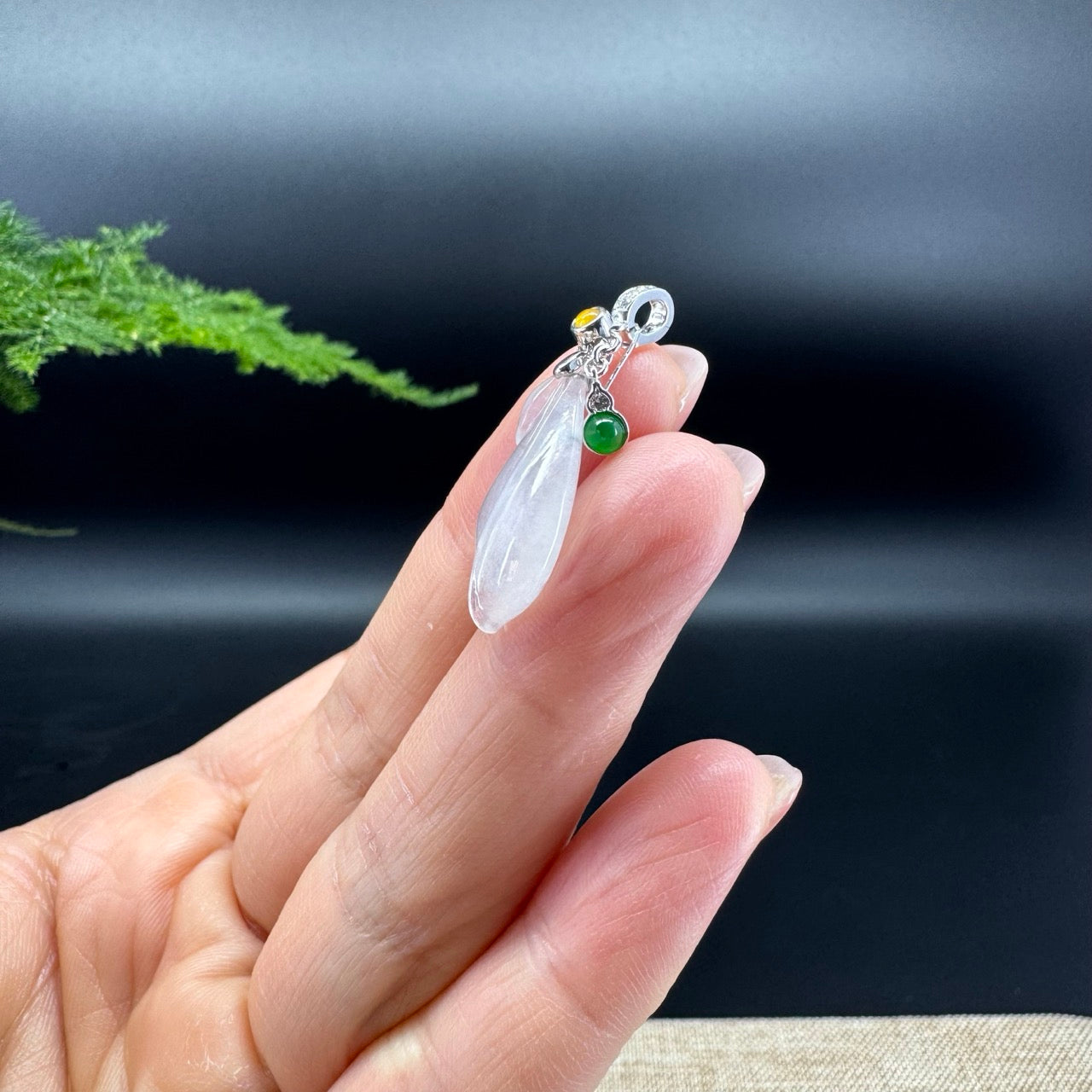 Natural 18K White Gold Burmese Icy Jadeite Jade Magnolia Flower Pendant With Diamonds