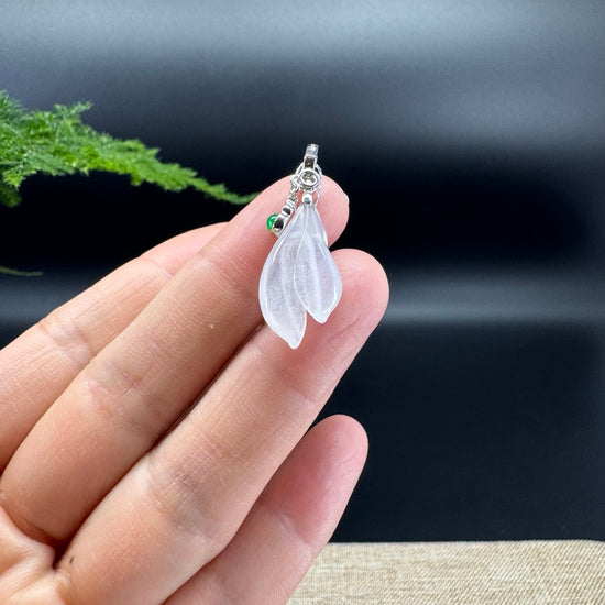 Natural 18K White Gold Burmese Icy Jadeite Jade Magnolia Flower Pendant With Diamonds