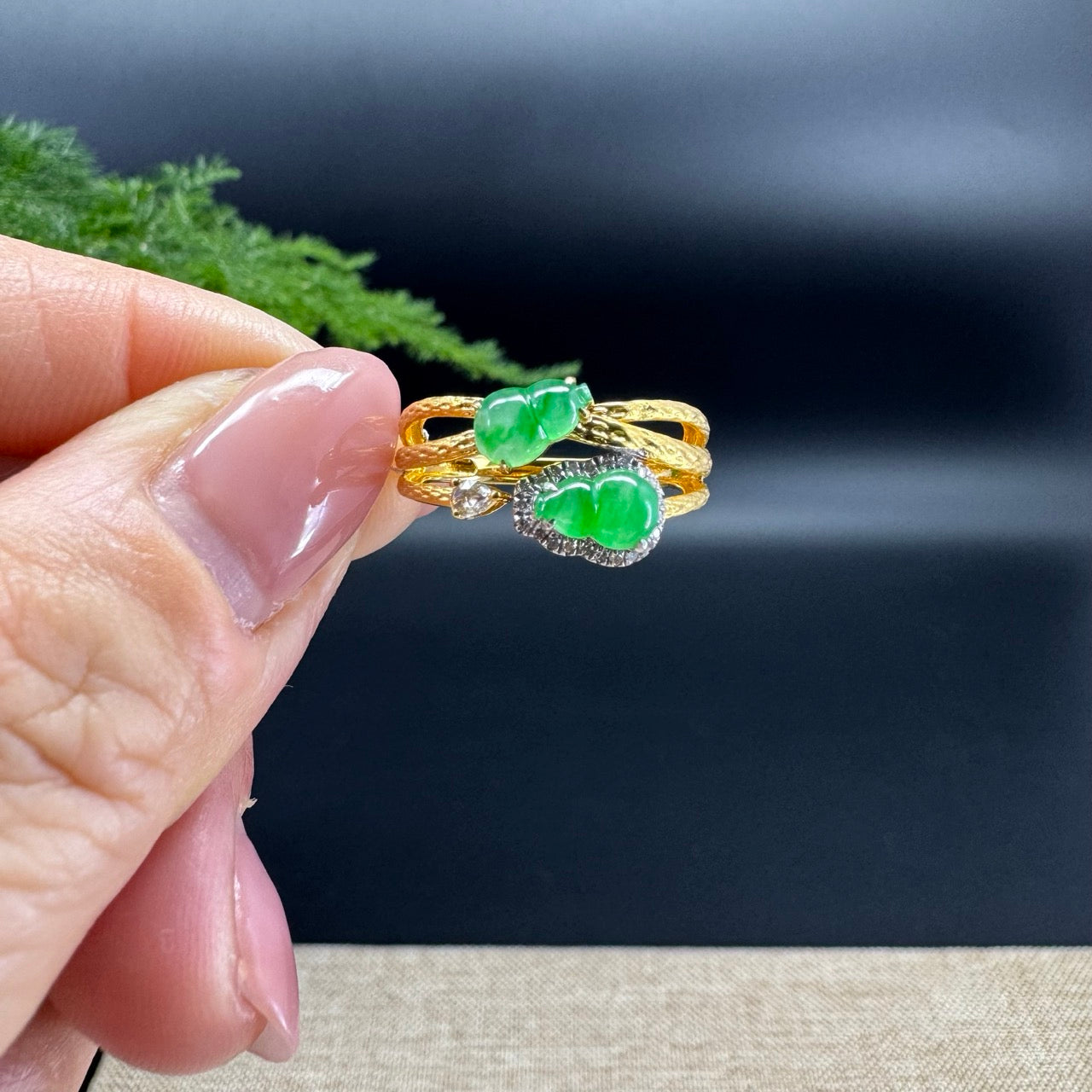 RealJade® 18k Yellow Gold Natural Icy&Green Jadeite Hulu Ring With Diamonds