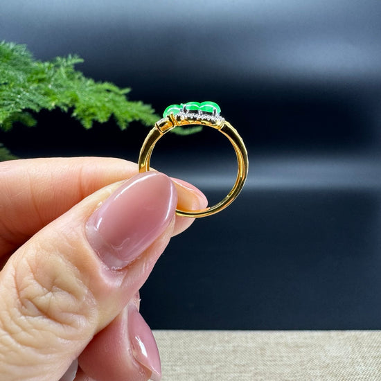 RealJade® 18k Yellow Gold Natural Icy&Green Jadeite Hulu Ring With Diamonds