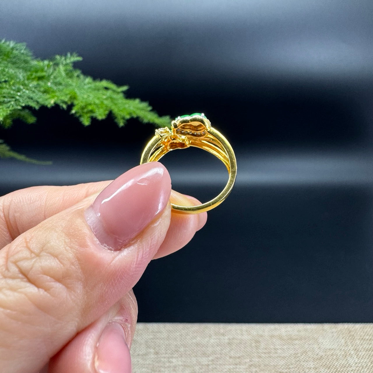 RealJade® 18k Yellow Gold Natural Icy&Green Jadeite Hulu Ring With Diamonds