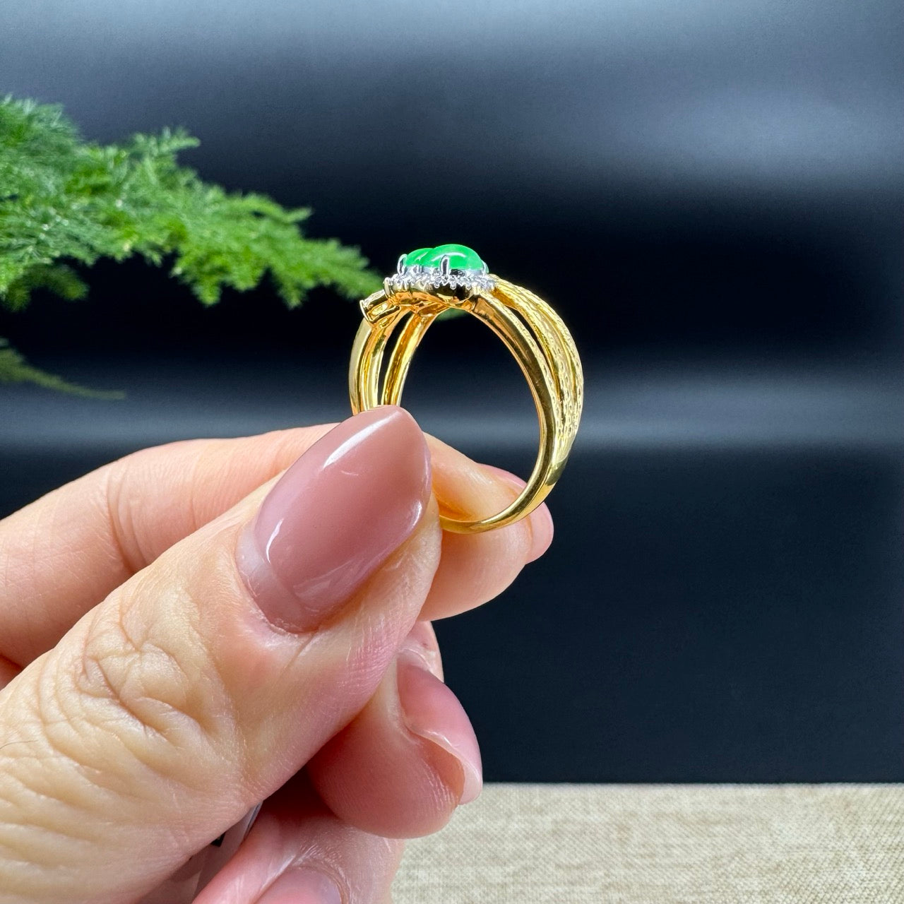 RealJade® 18k Yellow Gold Natural Icy&Green Jadeite Hulu Ring With Diamonds