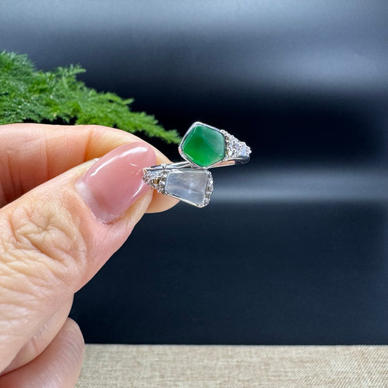 RealJade® 18k White Gold Natural Icy&Green Jadeite Ring With Diamonds