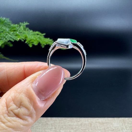 RealJade® 18k White Gold Natural Icy&Green Jadeite Ring With Diamonds