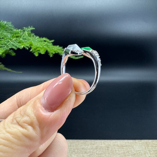 RealJade® 18k White Gold Natural Icy&Green Jadeite Ring With Diamonds