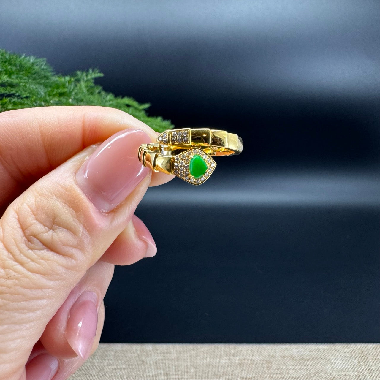 RealJade® 18k Yellow Gold Natural Imperial Green Jadeite Snake Ring With Diamonds
