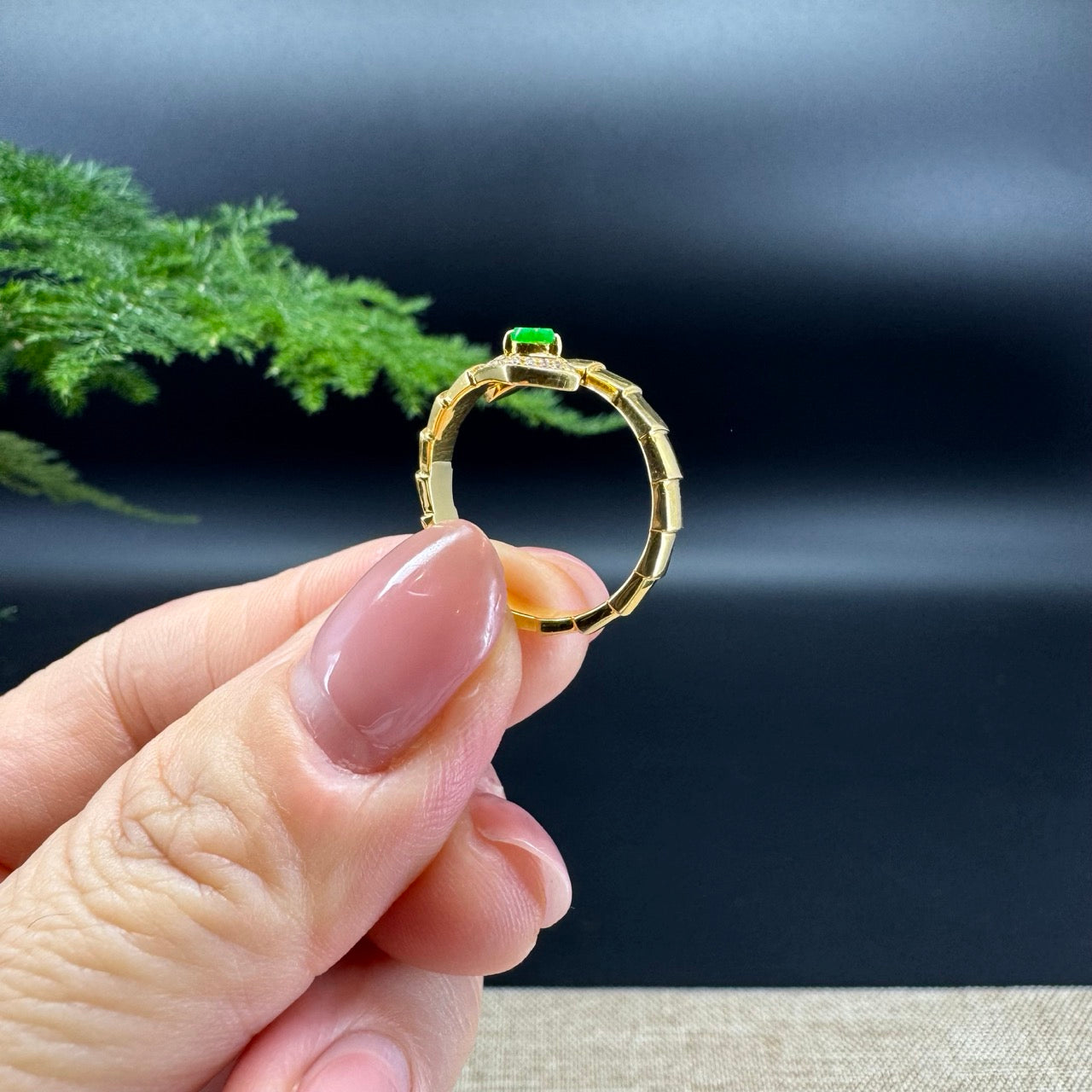 RealJade® 18k Yellow Gold Natural Imperial Green Jadeite Snake Ring With Diamonds