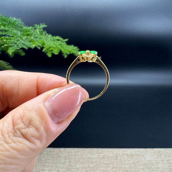 RealJade® 18K Yellow Gold Imperial Green Jadeite Jade Bowknot Ring With Diamonds