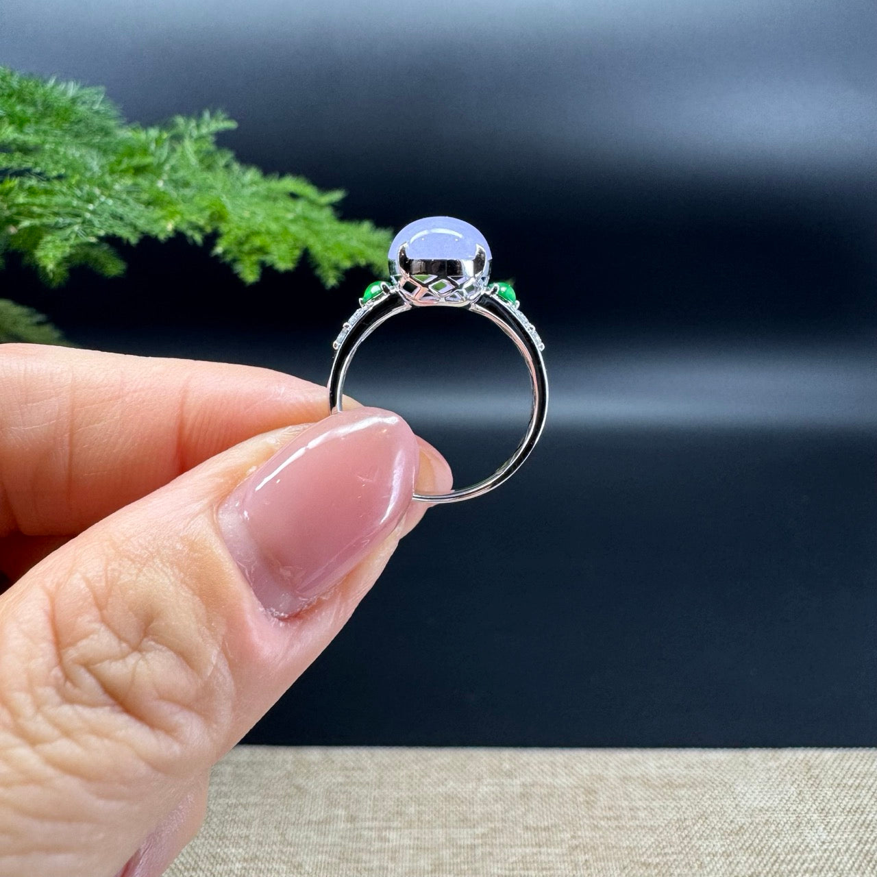 18k White Gold Natural Rich Lavender Jadeite Jade Engagement Ring With Diamonds