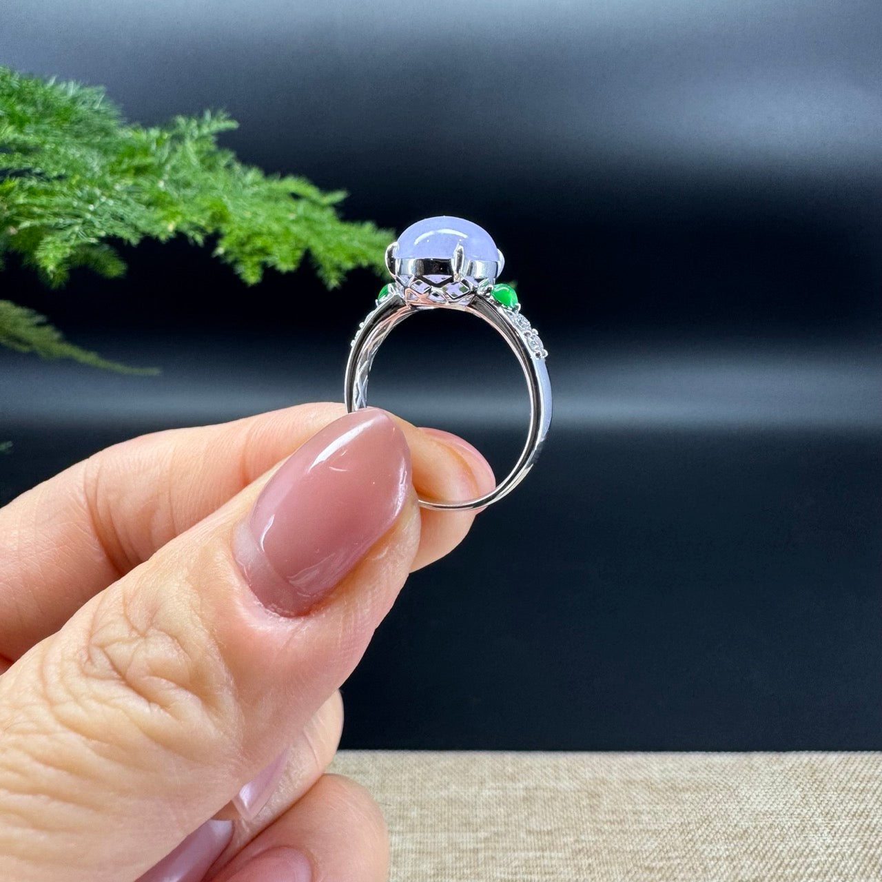 18k White Gold Natural Rich Lavender Jadeite Jade Engagement Ring With Diamonds